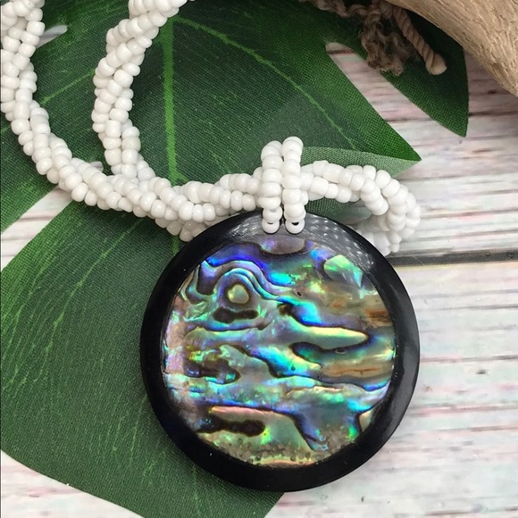 NEW Real Abalone Seashell Pendant Glass Beaded Multi Strand Statement Necklace - Picture 15 of 16